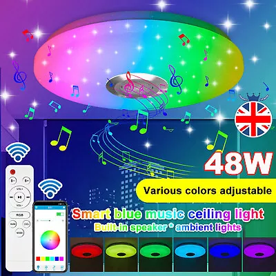 48W RGB LED Ceiling Light Bluetooth Speaker Music Lamp Dimmable W/ APP Remote • £18.59