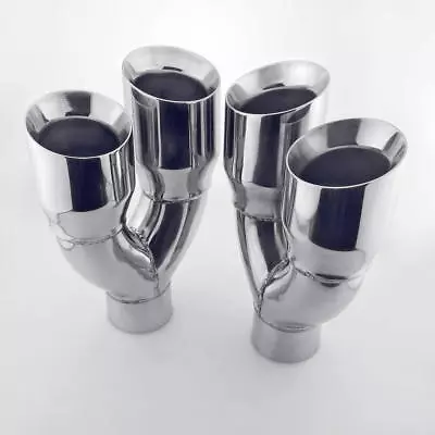 Pair Twin Exhaust Tips 3  Inlet Stainless Steel 4  Quad Out Staggered Dual Wall • $314.56