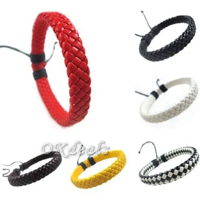 £3.49 • Buy Leather Bracelets Mens Braided Handmade Wristband Clasp Genuine Black Unisex