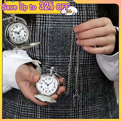 Pocket Watch Quartz Pendant Chain Classic Silver Fob Watches Vintage Mens Womens • £4.60