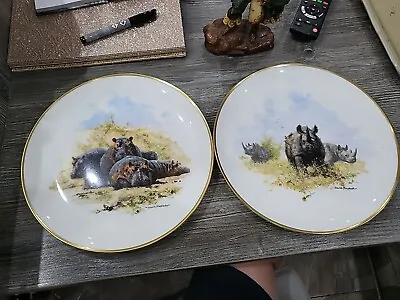 Wedgwood Spink Plates The David Shepherd Wildlife Collection Hippopotamus +Rhino • £15