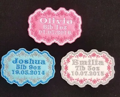 £4.35 • Buy Personalised Baby's Name And Birth Embroidered Name Patch Badge Iron On Or Sew