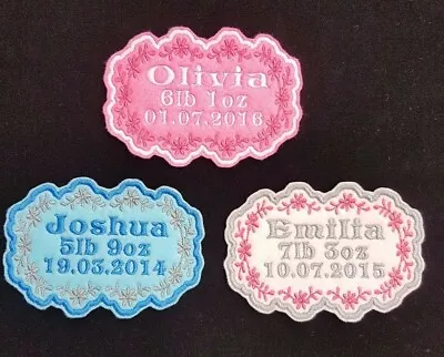 Personalised Baby's Name And Birth Embroidered Name Patch Badge Iron On Or Sew • £4.35