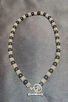Vintage Town & Country T & C Sterling Silver 14K Gold Onyx Bead Necklace 18” • $49.99
