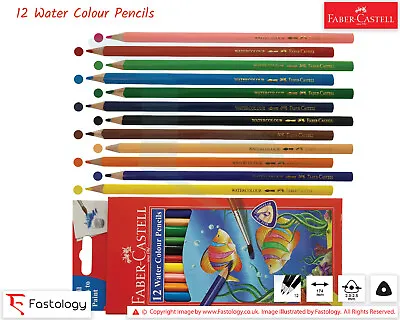 WATER COLOUR Pencils 12 Shades FABER CASTELL Quality Tri Soft Grip Pencils Brush • £5.99