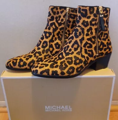 Michael Kors Sawyer Butterscotch Cheetah Leather Calf Hair Ankle Booties Boots 9 • $99