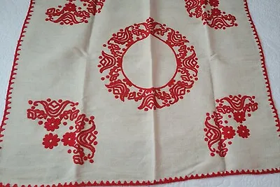 Vintage Swedish Style Embroidered Red On Beige Tablecloth 36 X 38  • $69.99