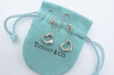 Tiffany & Co Elsa Peretti Open Heart Dangle Earrings Sterling Silver 925 W Pouch • $223