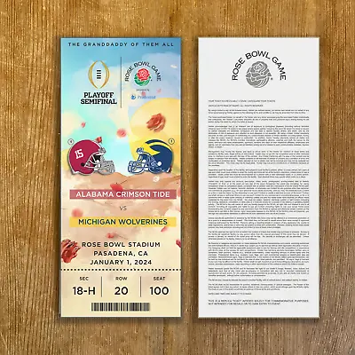 Michigan Vs Alabama 1/1/24 Rose Bowl Replica Ticket Stub Customizable Any Seat • $19.99