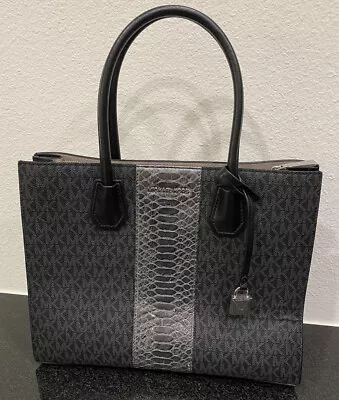 Michael Kors Mercer Medium Signature Black Python Silver Messenger Satchel Bag • $199.99