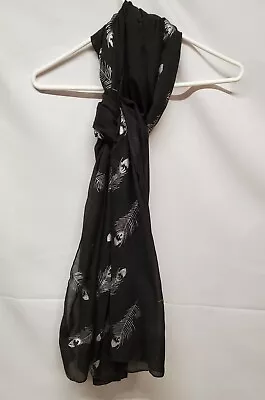 Canyon Sky Black With Silver Feather Print Polyester Semi-sheer Scarf Wrap • $11.50