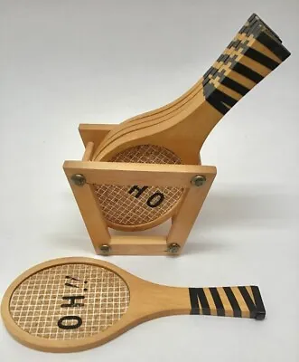 Vintage Wooden Tennis Racquet Drink Coasters With Holder Set Of 6 • $18.99