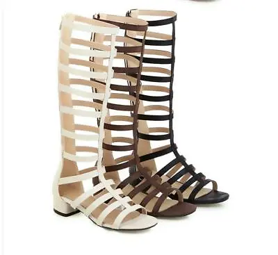 Womens Casual Gladiator Roman Sandals Block Heels Knee High Boots Open Toe Shoes • $36.64