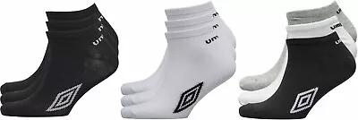 3 Pack Mens UMBRO Trainer Socks NEW Size 9-11 6-8.5 Knitted Logos Black White • £6.95