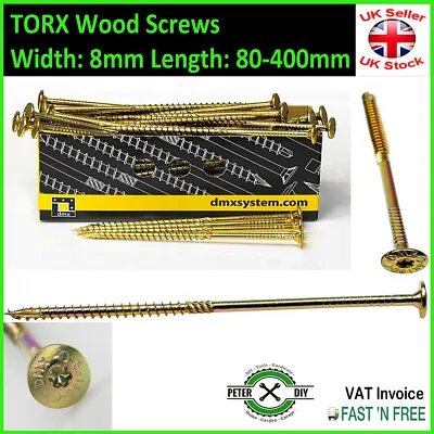 YELLOW WOOD SCREWS Long WAFER HEAD TORX Self Tapping Chipboard 8 Mm 80-400 Mm • £2.56