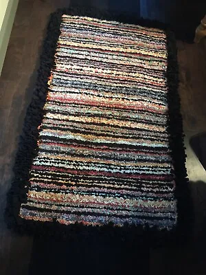 Hand Hooked Designer Rag Rug - Modern Multi Colour With Black Edge 59  X 33    • £400