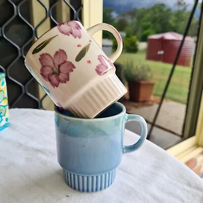 🌸Vintage Drip Glaze Pottery Mugs X 2 Handmade Stackable Retro Coffee Tea Cup • $29.99