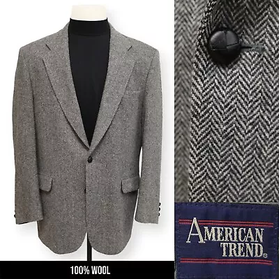 VINTAGE TWEED Mens Gray HERRINGBONE Wool Sport Coat Suit Jacket Blazer 44 L • $24.99