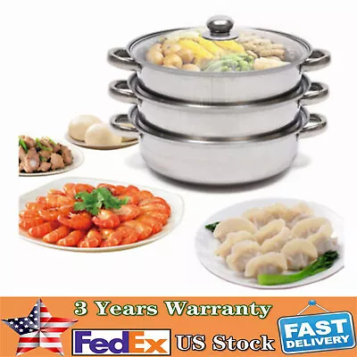 3 Tier Steamer Hot Pot Stainless Steel Cooker Steam Pot Food Cooking + Glass Lid • $40