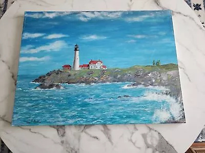 Pemaquid Lighthouse Bristol Maine Seascape Original G. P. Shooter Oil  18x24 • $29.99