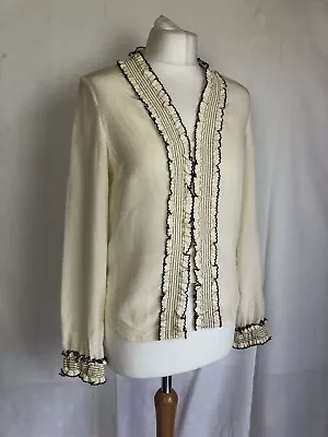 Vintage Laura Ashley 100% Silk Ivory Cream Blouse Button Up Ruffle Trim Size 8 • $43.56