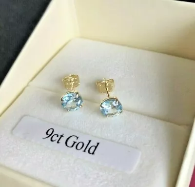 9ct GOLD Stud Earrings 5mm Round Genuine Blue Topaz Men's Or Womens Boxed • £69.99