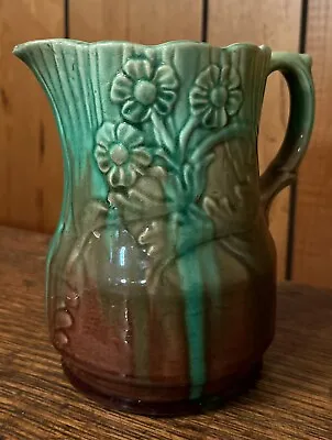 Rare Vintage Floral Green Brown Majolica Pitcher Portugal Bloomcore Drip Glaze • $95