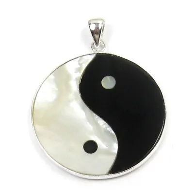 Genuine Black Agate & White Mother Of Pearl Yin Yang Sterling Silver Pendant • $24.95
