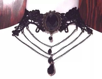 TIERED CHAIN BLACK LACE COLLAR Choker Necklace Beads Gothic Nouveau Steampunk J1 • $9.99