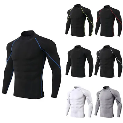 £3.69 • Buy Men Turtleneck Compression Base Layer Tops Tights Athletic Long Sleeve Shirt Gym