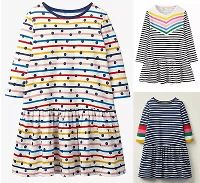 Girls MINI BODEN Dress Long Sleeved Cotton Jersey Fun Spotty Striped Rainbow NEW • £5.95