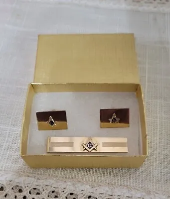Masonic Signed ANSON 12K Gold Filled Cufflinks Compass Tie Clip Set • $62
