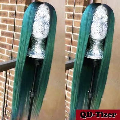 Long Straight Hair Ombre Green Glueless Heat Resistant Synthetic Lace Front Wigs • $18.90