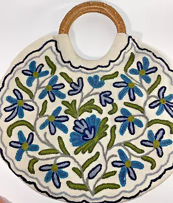 Round Blue Handbag Crewel  Embroidery Wood Handles Boho Grannycore Hippie Vtg • $12.99