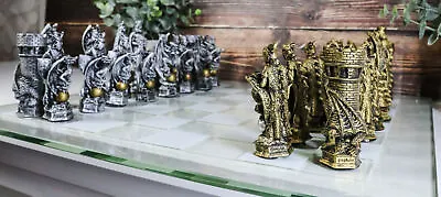 Ebros Silver And Gold King Arthur Merlin Dragons Chess Pieces With Board Set • $77.99