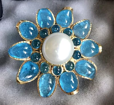 $2100 • Buy CHANEL GRIPOIX BROOCH PIN  PENDANT Blue Camellia Poured Glass Vintage 1997 EUC