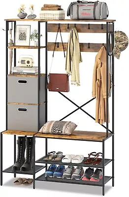 Hall Tree Entryway Shoe Coat Rack With Storage Shoe Bench Basket Hooks All-in-1 • $137.99