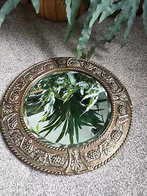 Antique Brass Arts Crafts Wall Round Mirror C.1910 Grape Vine Bevelled Glass • £76.99