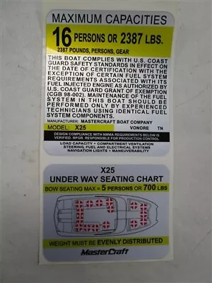 $16.95 • Buy Mastercraft X25 16 Persons Max Capacity / Seating Chart Decal (2) Marine Boat