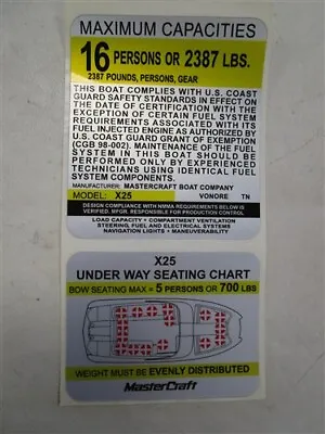 Mastercraft X25 16 Persons Max Capacity / Seating Chart Decal (2) Marine Boat • $16.95