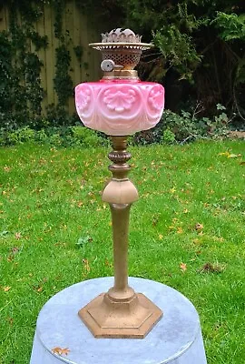 Original Victorian Cranberry Pink Glass Oil Lamp Font Solid Brass Base Burner  • £185