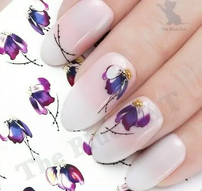 Nail Art Water Decals Stickers Transfers Deep Purple Flowers Petals Floral • £1.75