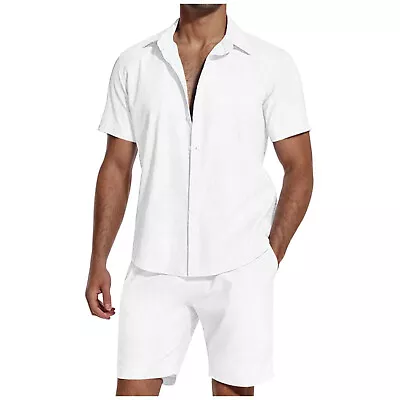 Men's 2 Pieces Cotton Linen Set Short Sleeve Button Down Shirts Summer Beach • $25.37