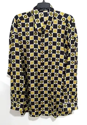 Vintage VERSACE CLASSIC V2 Barocco & Sun Print Black White Gold Silk Shirt Sz XL • $544