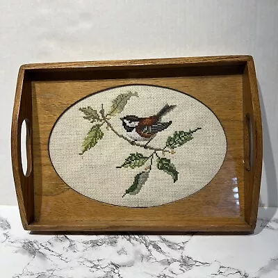 Vtg Needlepoint Serving Tray Oak Wood Glass Bird On Branch Artwork Display • $22.40