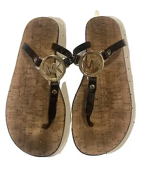 MICHAEL KORS Black Jelly Cork Thongs Flat Sandals Flip Flop Gold US Sz 10 Women • $29.99