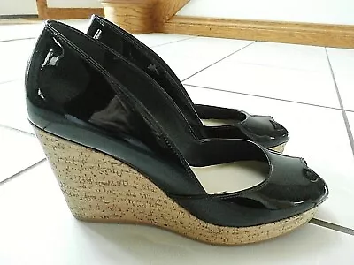 Via Spiga Platform Pump Cork Wedge Peep Toe Black Patent Leather US 8 D'Orsay • $17