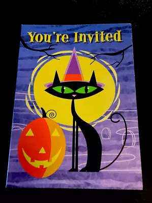 1 Vintage Halloween Black Cat With Witch Hat Green Eyes Pumpkin Invitation NOS • $3.99