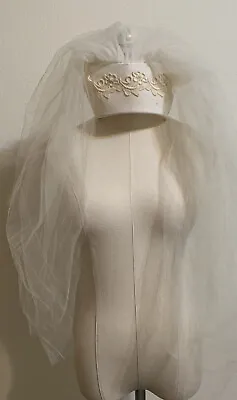 Vintage Bridal Veil Ivory Headpiece Embroidered Lace Faux Pearls One Size MCM • $15