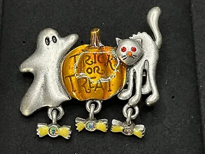 $14.99 • Buy Halloween Brooch Vintage Jewelry AJMO Pumpkin Cat & Ghost Ships USA